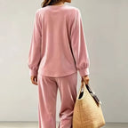 Women 2 Piece Outfit V Neck Button Decor Long Lantern Sleeve Top Wide Leg Pants Casual Fall Winter Matching Set With Pockets