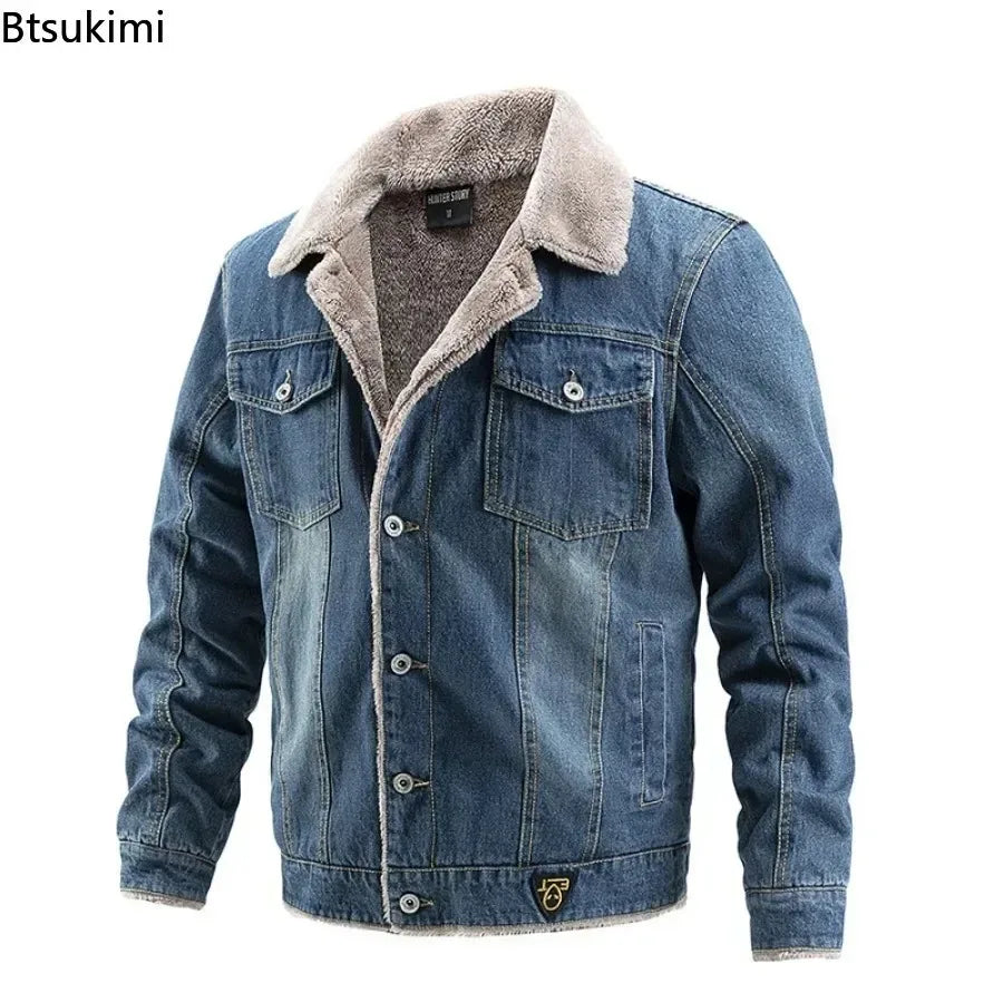 2026 Men's Vintage Denim Jacket Autumn Winter New Thicked Plush Liner Warm Loose Casual Lapel Neck Coat Male Fashion Jean Parkas