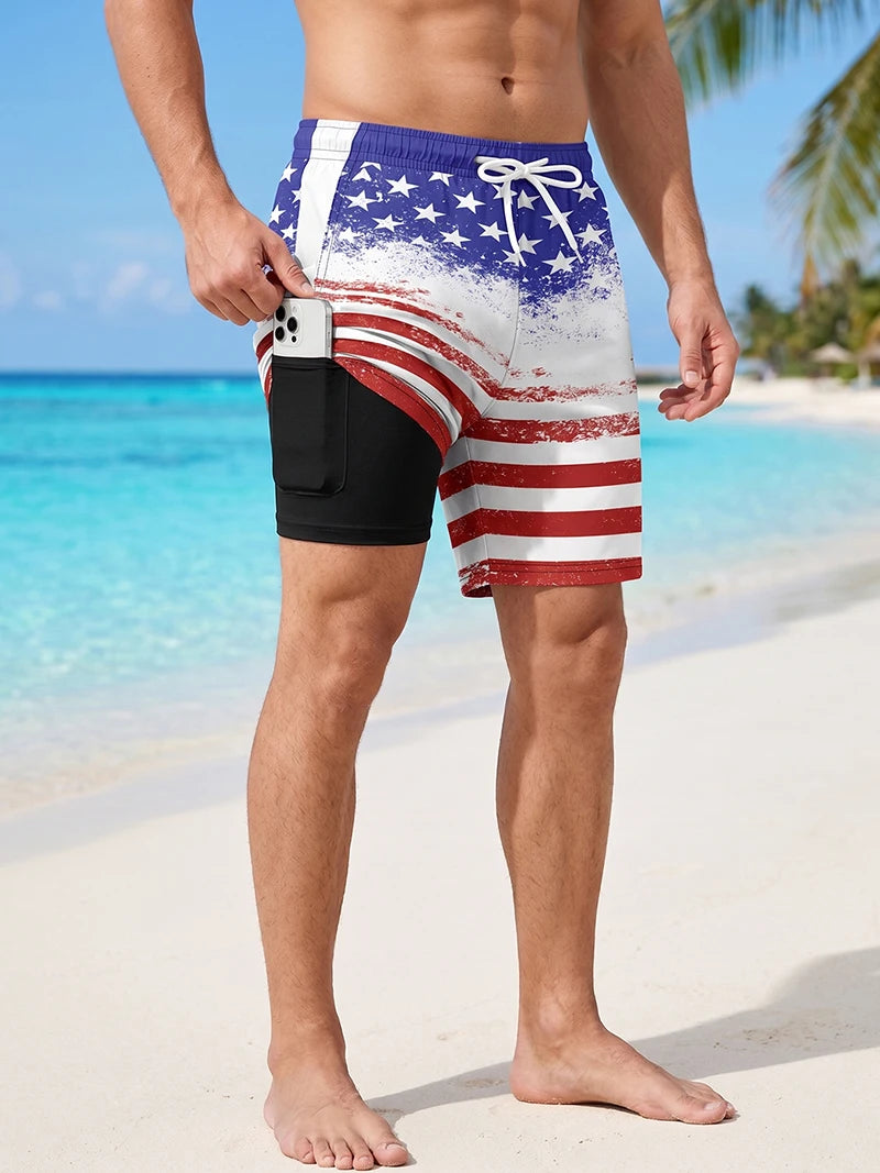 3D Print 2 in 1 Mens Swim Trunks Summer Quick Dry Beach Shorts with Phone Pocket Swimwear Swimsuit Bathing Suit  Board Shorts