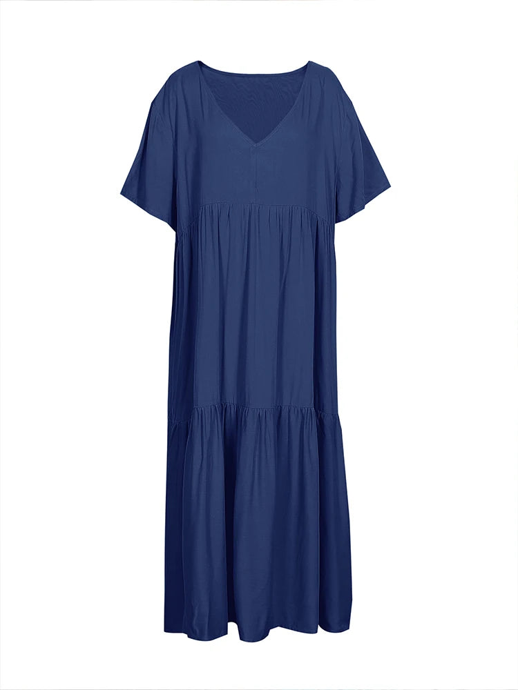 plus Size Women's Casual Loose V-Neck Solid Long Dress Spring Summer Pleated Big Size Women's Dress
