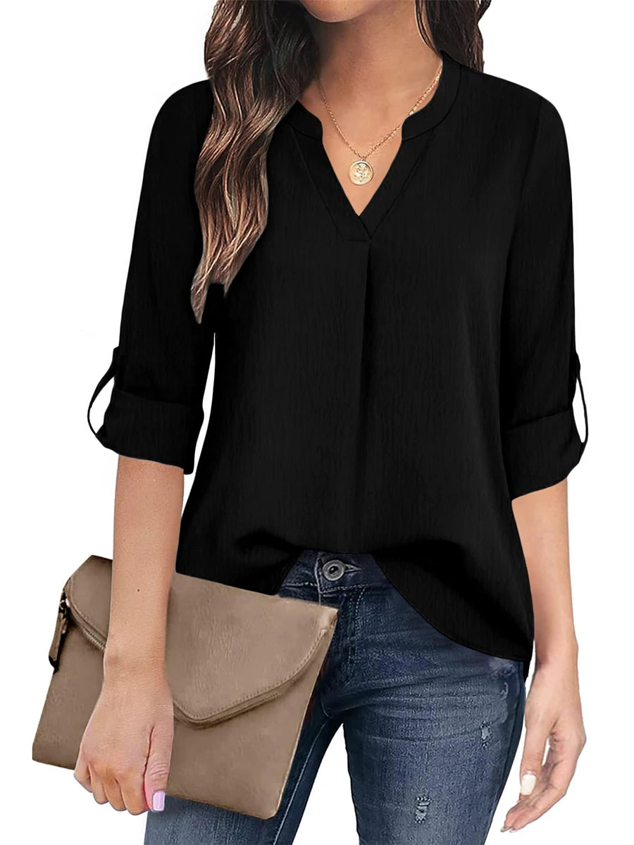 Women Elegant V-Neck Blouse Long Sleeve Roll Up Tops Casual Solid Color Loose Office Work Shirt Female Tunic Clothes