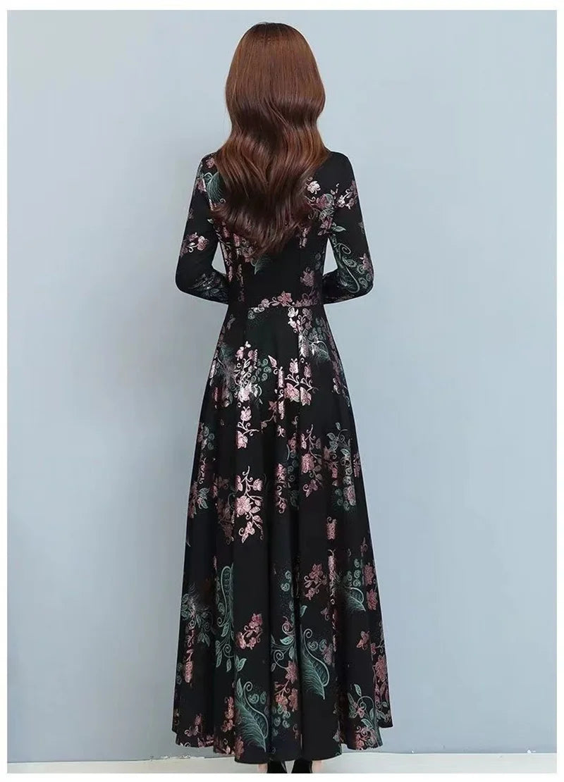 Spring Autumn New Women Dress Elegant Temperament Long A-Line Dress High End Fashion Lace Printed Beading Dresses Vestidos Mujer