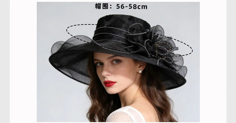 French Vintage Women Foldable Organza Church Derby Hat Ruffles Wide Brim Uv Protection Sun Hat  Ladies Outdoor Styling