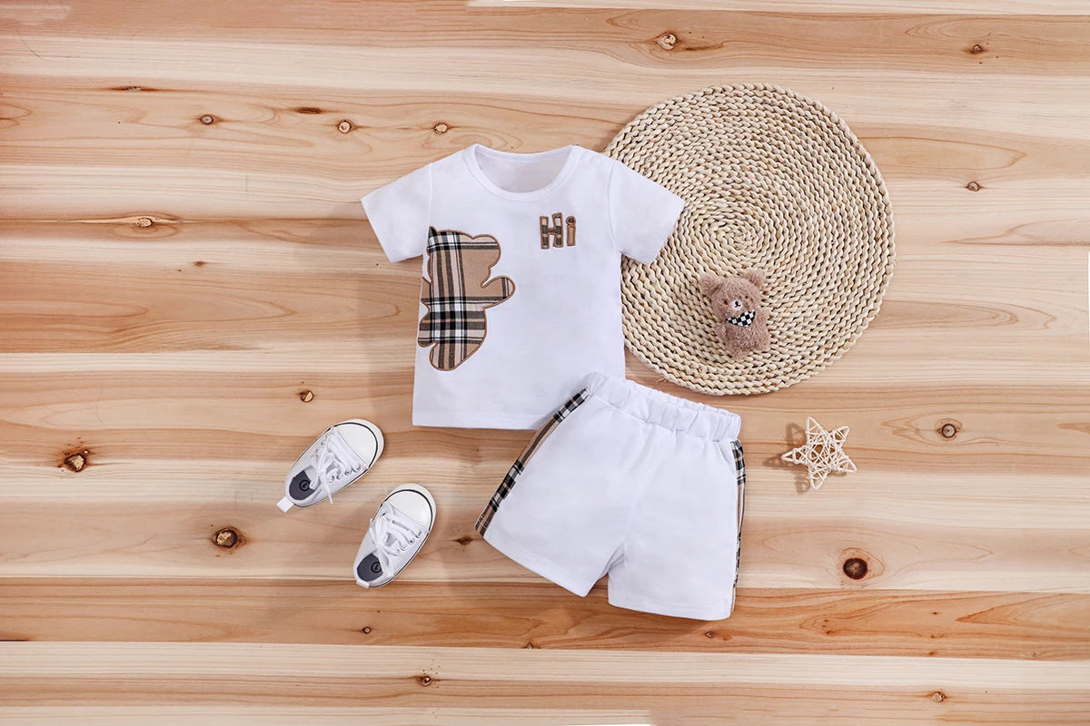 2pcs IURNXB Baby Clothes Set Infant Short Sleeve Tees+Shorts Cartoon Checked Bear Print Cute Kids Tops Pants Casual Suits 3-24M