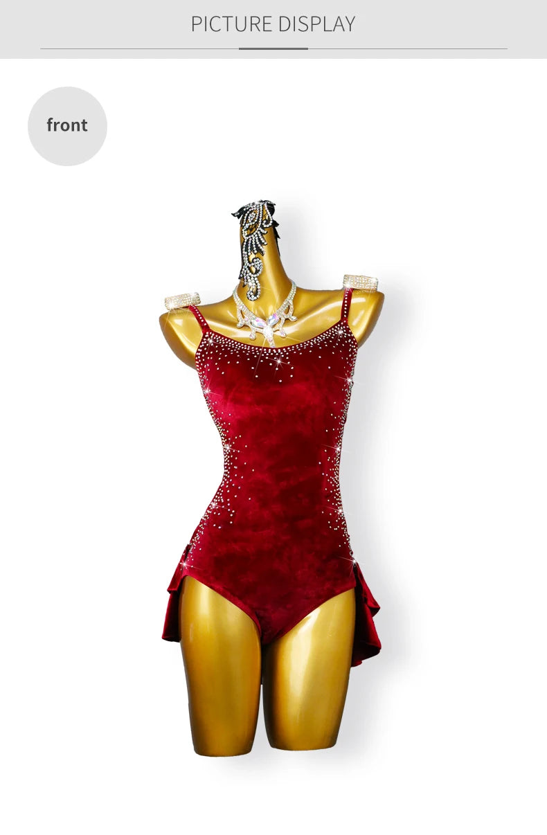 New Velvet Latin Dance Party Dress Sexy Adult Womens Short Skirt Ballroom Costume Cha-Cha Line Suit Girls Sport Party Customized