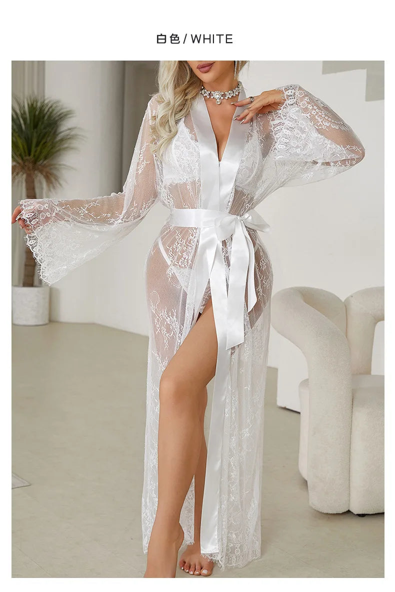Women's Sheer Lace Robe Sexy See Through Nightgown with Jacquard Lace Floral Trim Satin Lounge Dress for Kimono Robe Home Wear