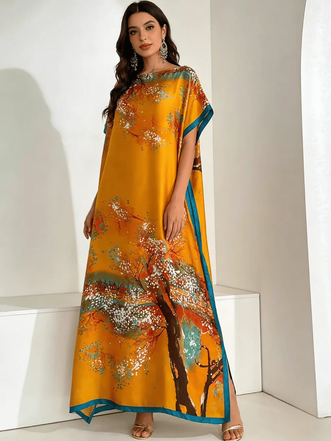 1 Set (Robe + Headscarf) Luxurious Women's Kaftan Robe - Vibrant Yellow Floral Print, Loose Batwing Sleeves, Elegant Long Gown, Suitable for Evening Parties, Beach Vacations, and Everyday Casual Wear