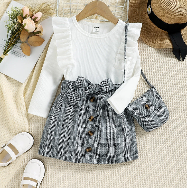 4-7Y Children Girls Clothing Outfit Solid Color Long Sleeve Ruffle Tops+Plaid Skirt With Belt+Bag Kids Girl Costume 3Pcs Set