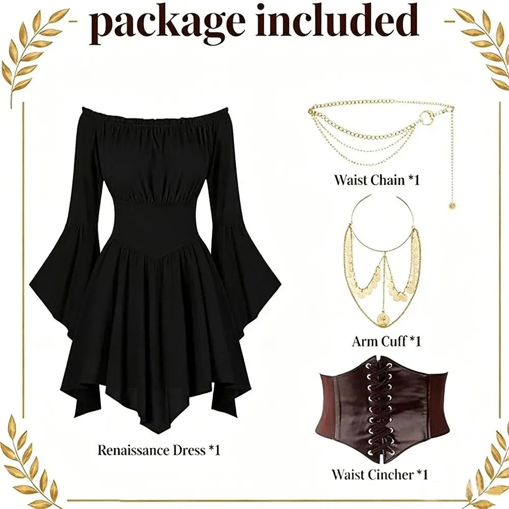 Women's Dress Vintage European-Style Off-The-Shoulder Bell-Sleeve Medieval Renaissance Court-Style Dresses Halloween Costume