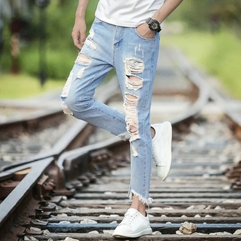 Men's Summer Thin Loose Straight Leg Jeans Casual Nine Point Ankle-Length Torn Elastic Cotton Denim Youth Fashion Wear