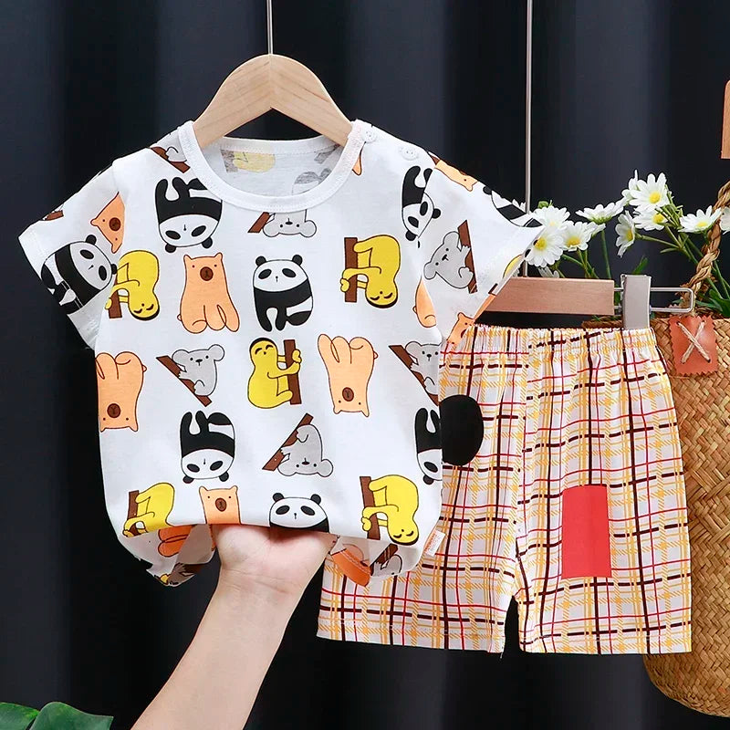 Cartoon Printed Clothing Pure Cotton Home Clothes 2 Piece Suits Toddler Fashion Cute Casual Tracksuits Contrast T-shirt+Shorts