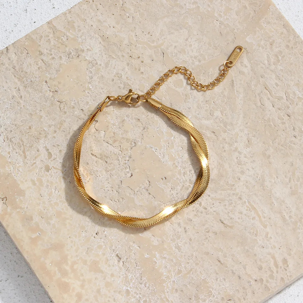Gold Plated Waterproof Braided New Herringbone Chain Necklace Bracelets Set Wholesale Stainless Steel Jewelry For Women