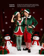 Christmas Elf Costume for Adults Men Women Couple Green Velvet Dress Suit Belt Hat Striped Stockings Xmas Party Cosplaywear