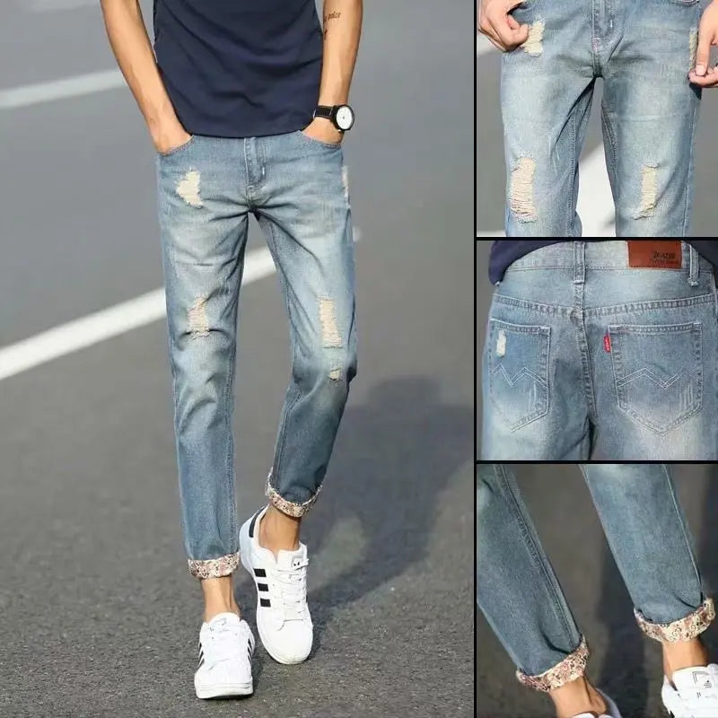 Men's Summer Thin Loose Straight Leg Jeans Casual Nine Point Ankle-Length Torn Elastic Cotton Denim Youth Fashion Wear