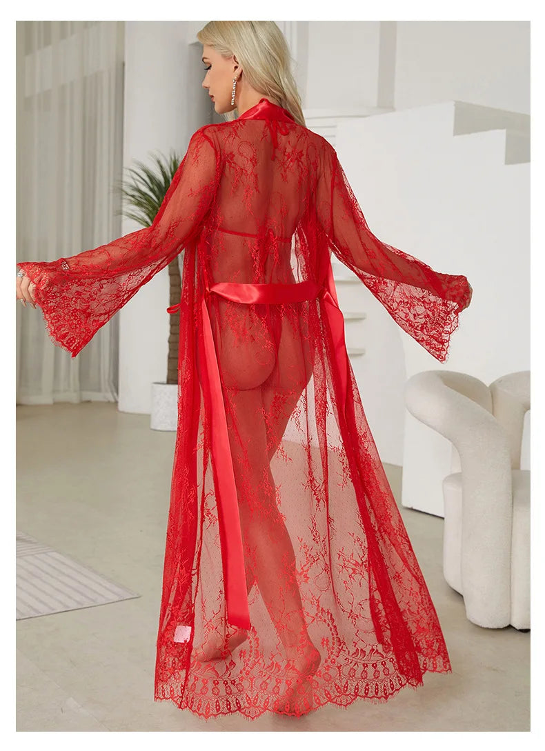 Women's Sheer Lace Robe Sexy See Through Nightgown with Jacquard Lace Floral Trim Satin Lounge Dress for Kimono Robe Home Wear