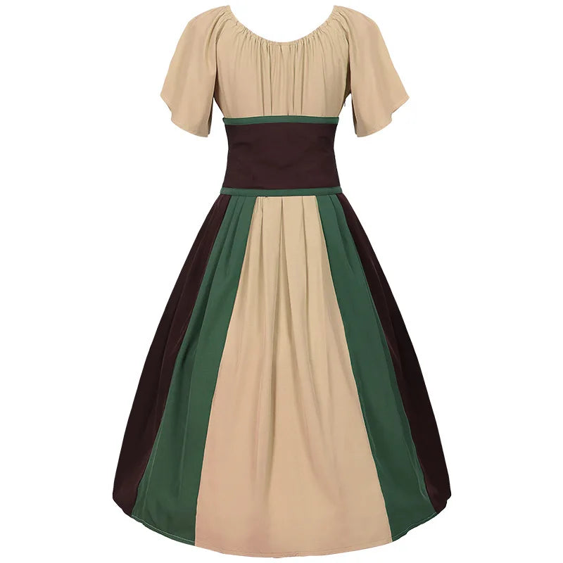 Costumes Halloween pour femmes,robe trapèze rétro médiévale,couleur contrastée,robe à épaules en un mot