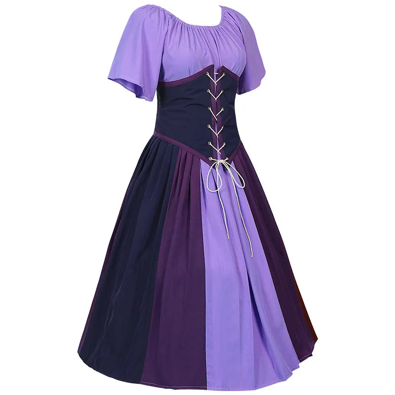 Costumes Halloween pour femmes,robe trapèze rétro médiévale,couleur contrastée,robe à épaules en un mot