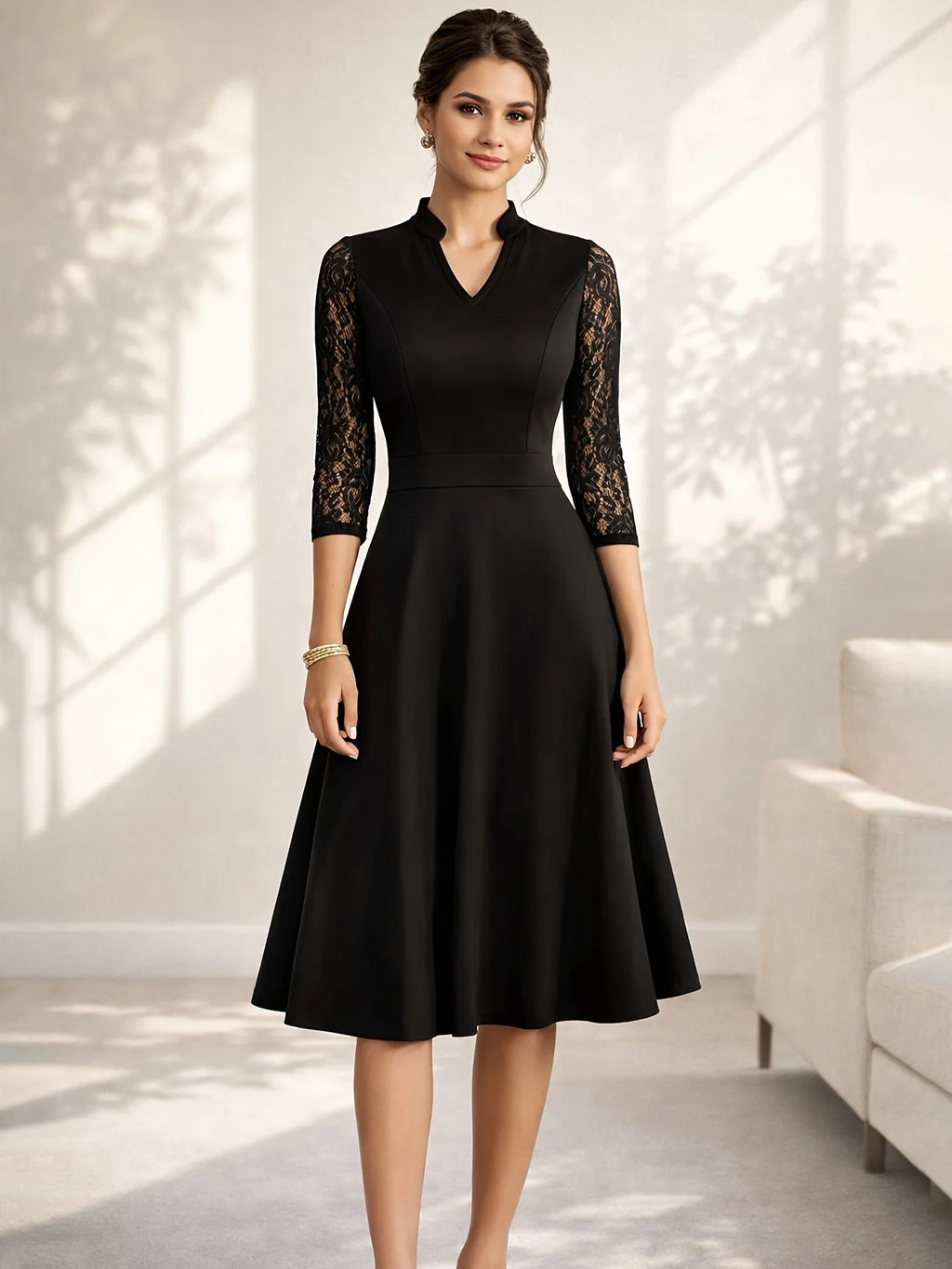 Women Sexy V-Neck Lace 2/3 Sleeve Summer Work Office Knee Length Base Show Thin Temperament Fit And Flare Swing A-Line Dress