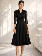 Women Sexy V-Neck Lace 2/3 Sleeve Summer Work Office Knee Length Base Show Thin Temperament Fit And Flare Swing A-Line Dress