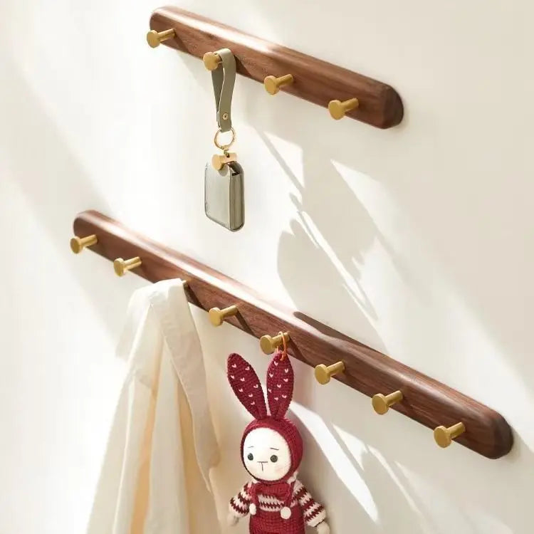 Patère Murale Bois Noyer et Laiton – Entrée Manteaux Clés Décoration