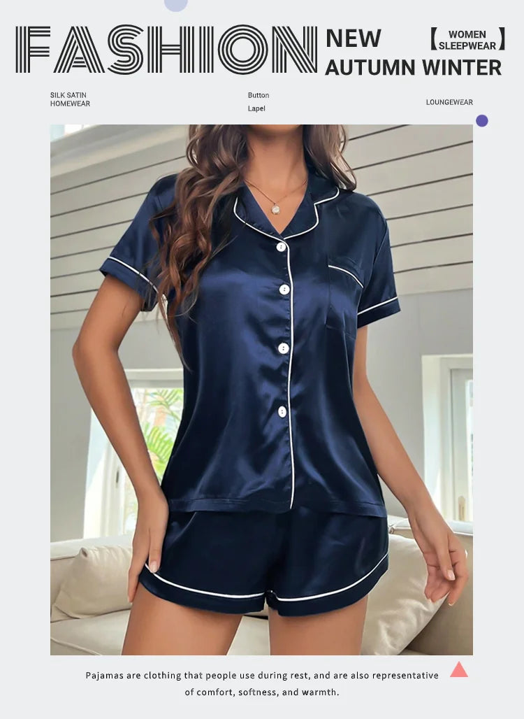 Elegant Satin Solid Pajamas Set Short Sleeve Lapel Buttons Top And Shorts Breathable Fabric Skin-Friendly Fit Women's Sleepwear