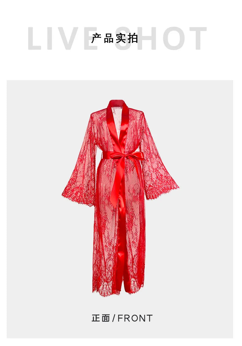 Women's Sheer Lace Robe Sexy See Through Nightgown with Jacquard Lace Floral Trim Satin Lounge Dress for Kimono Robe Home Wear