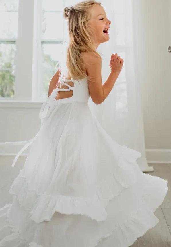 2026 Nordic Girls Spring Summer Cotton Linen Backless Bohemian Lace Mid Length Children Vest Dress
