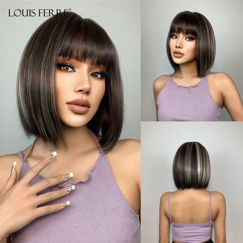 LOUIS FERRE Short Blonde Highlight Brown Bobo Wigs For Women Daily Cosplay Natural Straight Wig High Temperature Synthetic Wigs