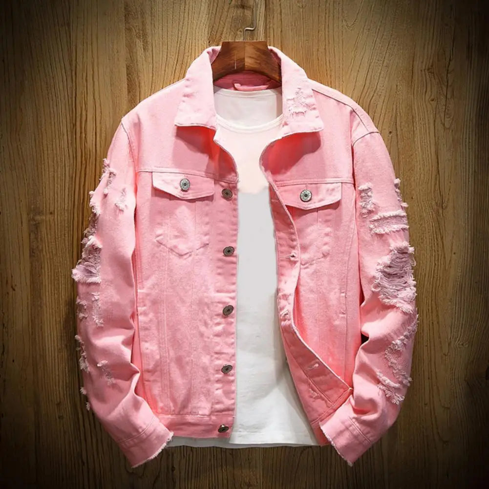 Veste Jean Homme Troue – Manteau Denim Ample Col Revers Streetwear Automne Hiver