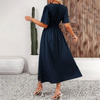 Women Ruffle Solid Pleated Long Dress Chic V Neck Short Sleeved