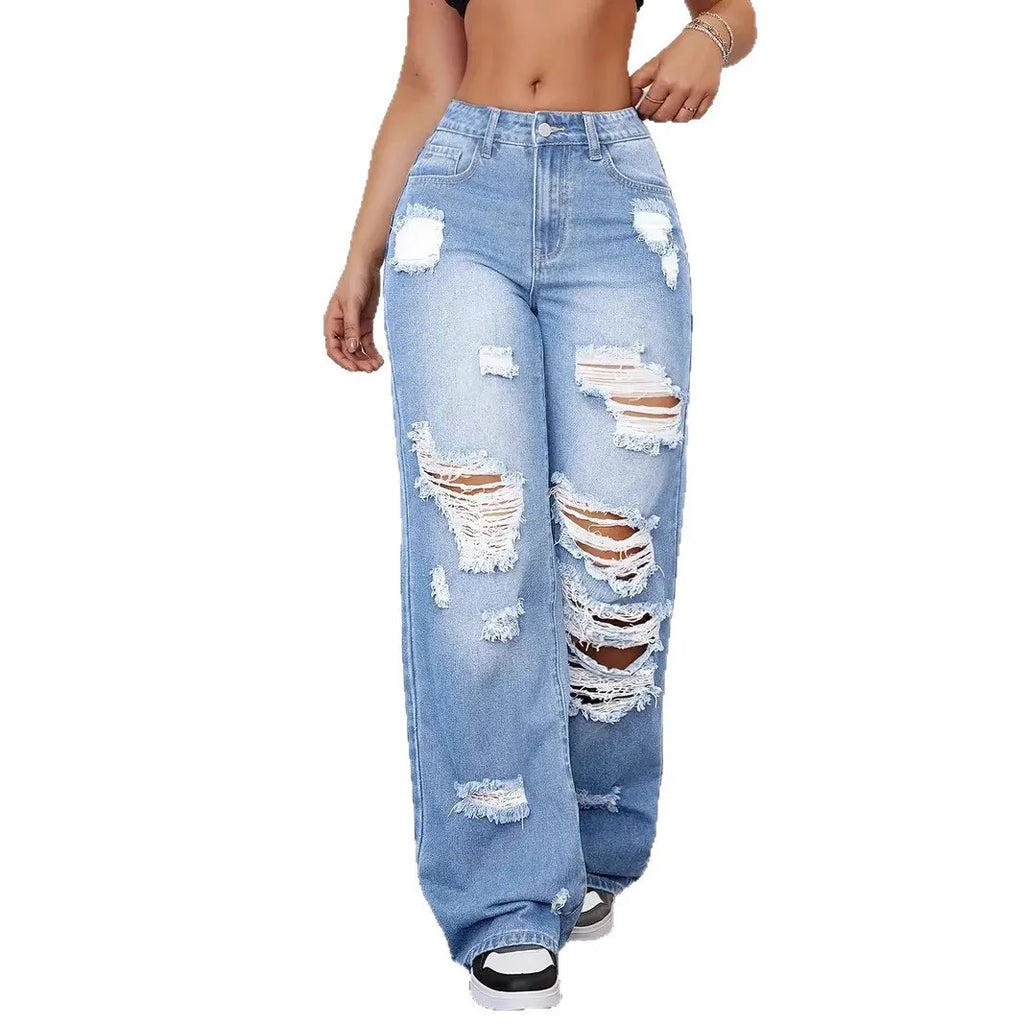 Jean femme taille haute déchiré – Coupe wide leg streetwear