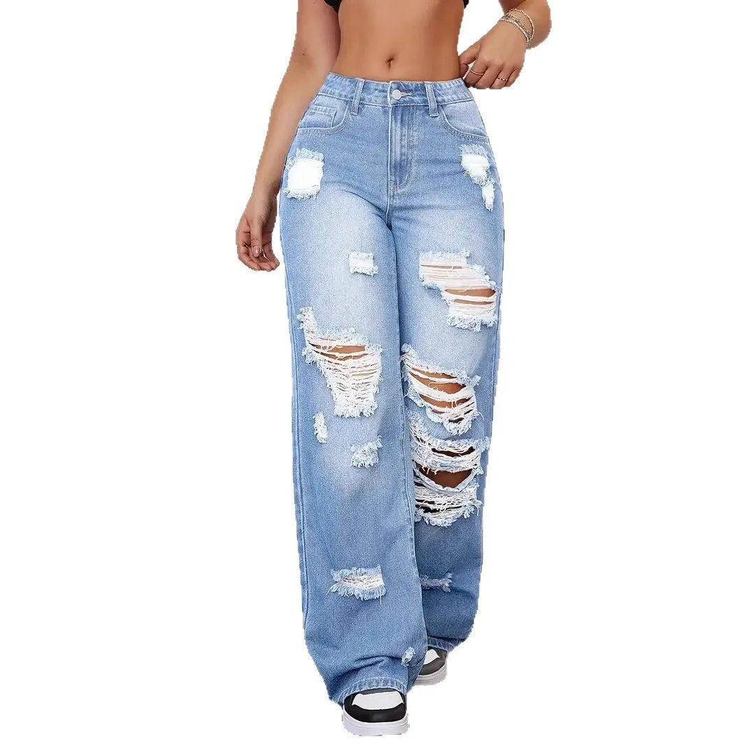 Jean femme taille haute déchiré – Coupe wide leg streetwear