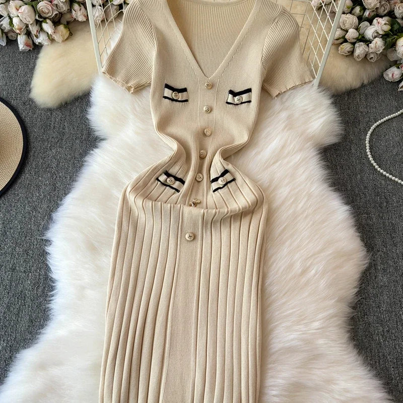 Elegant Knitted Long Dress Women Summer V Neck Single Breatsed Short Sleelve Bodycon Dresses Fashion Party Office Lady Vestidos