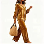 Women 2 Piece Outfit V Neck Button Decor Long Lantern Sleeve Top Wide Leg Pants Casual Fall Winter Matching Set With Pockets