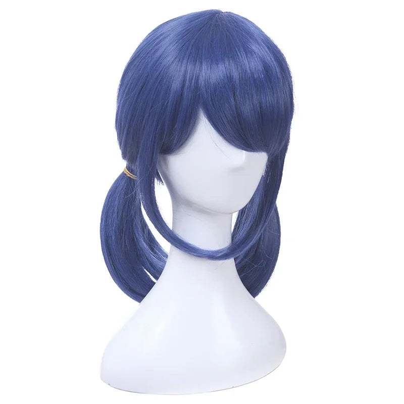 2025 Halloween perruque de Cosplay à Double queue de cheval bleue foncée pour femmes, cheveux synthétiques lisses et résistants