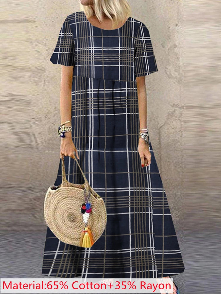 2025 ZANZEA Bohemian Holiday Sundress Summer Women Vintage Floral Printed Short Sleeve Beach Dress Loose Long Vestido Robe Femme