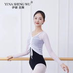 Ballet Adult Gymnastics Dance Top Long Sleeve Mesh Tops Women Transparent V Neck Drawstring Dancewear Practice Tops Costumes