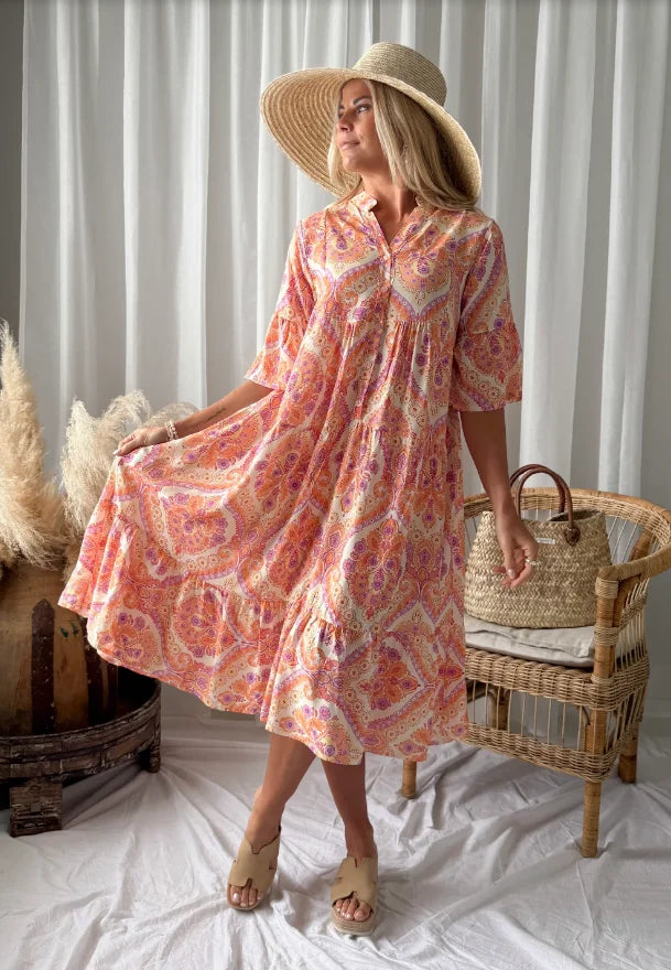 New Plus Size Women Boho Paisley Print Shirt Dress, Casual Flowy Ruffle Hem Long Dress for Summer Vacation Daily Wear