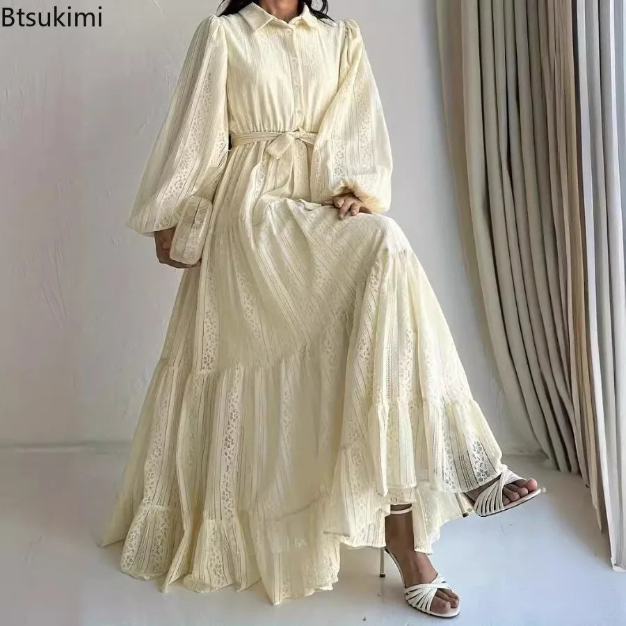 2026 New Women's Fashion Arab Long Robe Lady Party Dresses Spring Autumn Sashes Eid Ramadan Morocco Dubai Kaftan Islam Vestidos