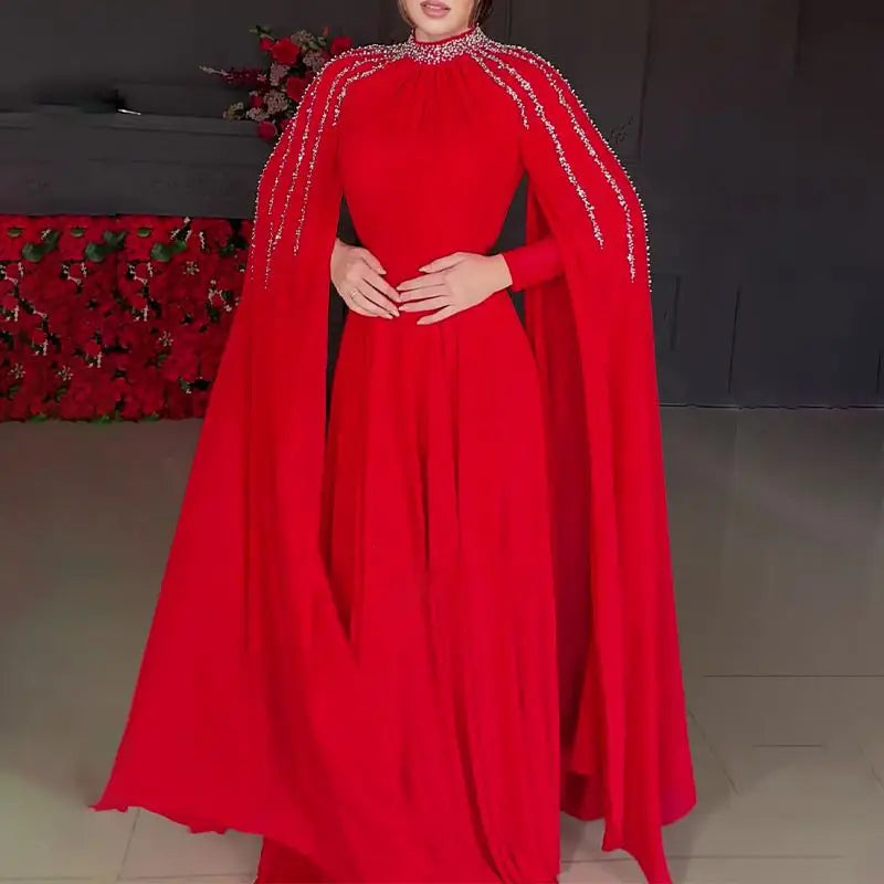 Women Robe Dress Hot Drills Long Shawl Sleeves Chiffon Party Middle East Big Swing Lady Elegant Banquet New Maxi Clothing