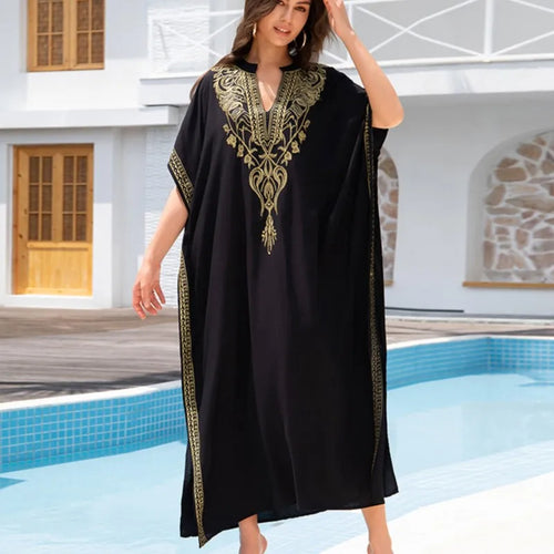 Boho Dress Women's Fashion Cotton Embroidered Beach Sun Protection Dresses For Women Loose Robe Bikini Swimsuit Outer Blouse