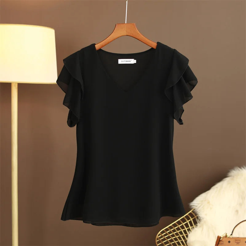 2026 Fashion Summer Dress Women Blouse Top New Short Sleeved V-neck Chiffon T-shirt Women's Loose and Versatile Small Shirt
