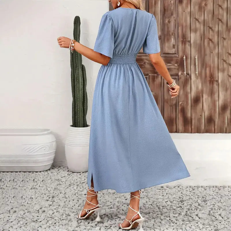 Women Ruffle Solid Pleated Long Dress Chic V Neck Short Sleeved  Black Blue Lace Up Robes Summer Lady High Street Wear Holiday