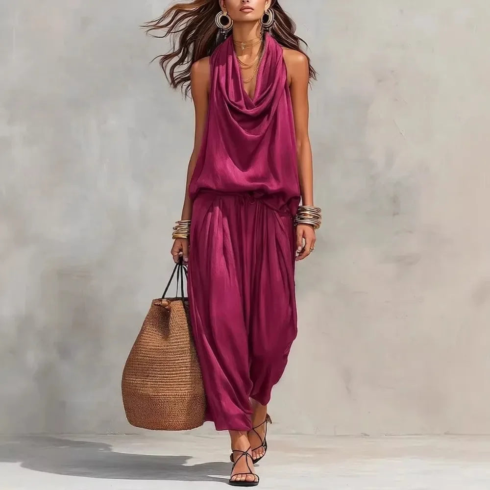 Women 2 Piece Outfit Pleated Collar Sleeveless Vest & Casual Pants Set Elegant High End Commuter Matching Suit European Style