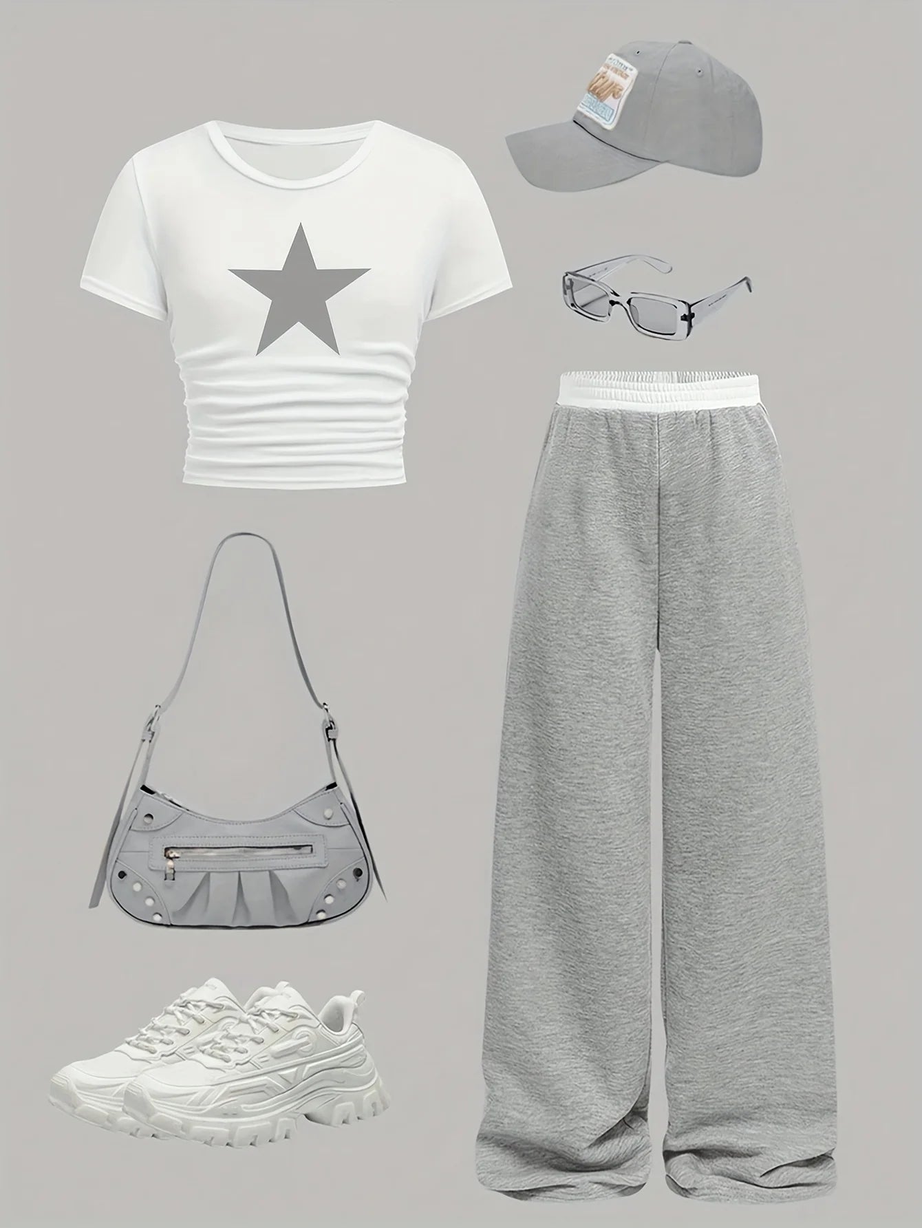 Children's Clothing Set for Summer: Girls' Sporty Solid Color Knit Star Print Short-Sleeve Top and Color-Blocked Straight-Leg Pants Two-Piece Set in White + Gray, Stylish and Casual, Suitable for Children Aged 5-13