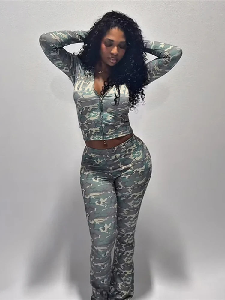 SiSterlinda Hooded 2 Piece Set Women Letter Leopard Zip Jacket+Flare Pants Casual Matching Stretch Sporty Streetwear Tracksuit
