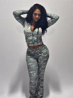 Ensemble femme streetwear deux pièces – Veste et pantalon évasé