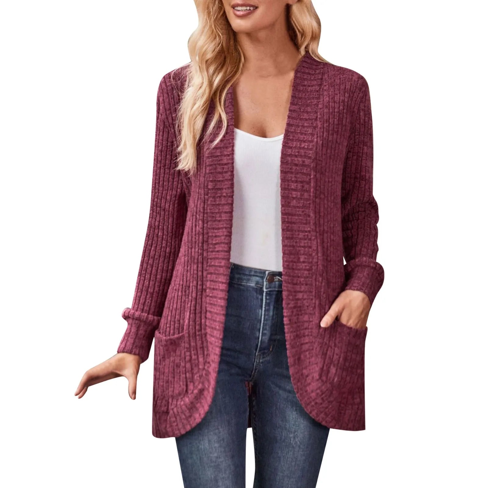 Cardigan Femme Ajouré Avec Poches – Ouvert Manches Longues Casual Automne