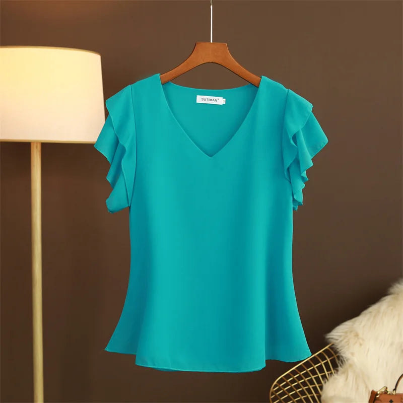 2026 Fashion Summer Dress Women Blouse Top New Short Sleeved V-neck Chiffon T-shirt Women's Loose and Versatile Small Shirt