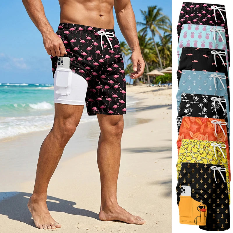 3D Print 2 in 1 Mens Swim Trunks Summer Quick Dry Beach Shorts with Phone Pocket Swimwear Swimsuit Bathing Suit  Board Shorts